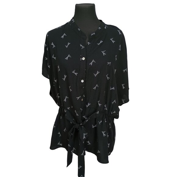 Sweet Rain Womens Black Eiffel Tower Paris Print Peplum Tie Front 3X - Picture 1 of 7